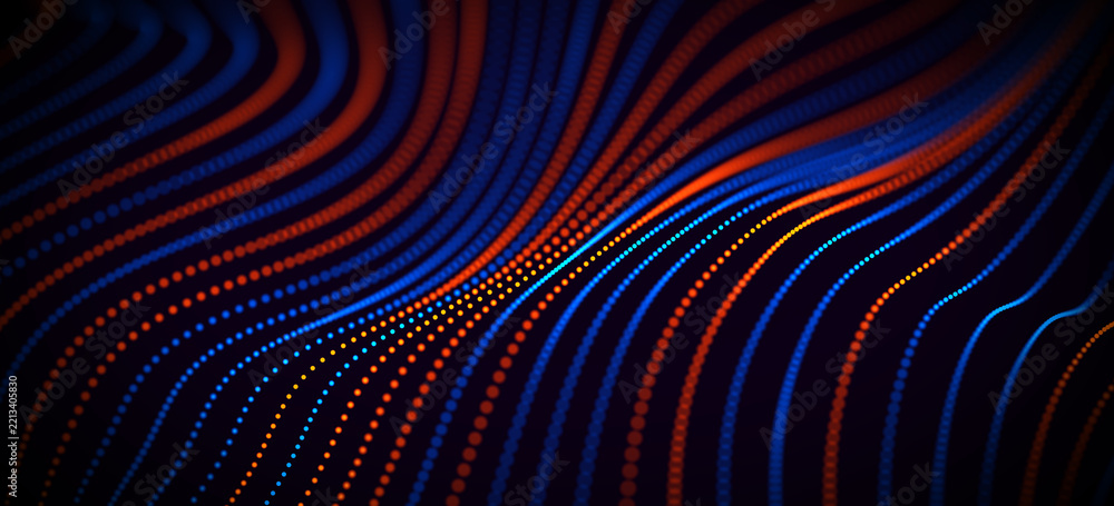 Fototapeta premium Abstract flowing blue orange dotted wave lines on a dark background, dynamic technology network design for modern digital concepts and presentations. 3D Rendering
