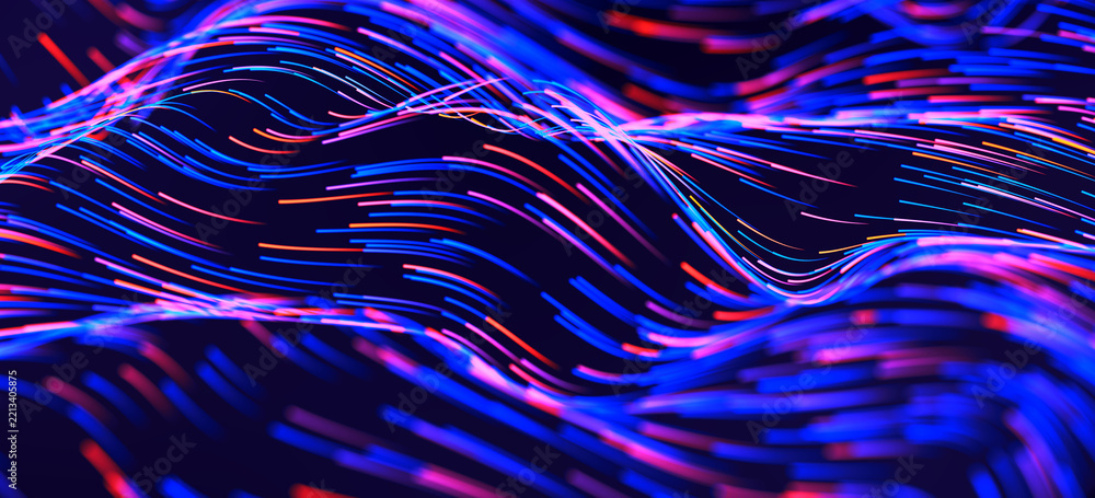 Fototapeta premium Abstract Neon Wave Lines in Blue, Pink, and Purple Motion Flow for Futuristic Digital Technology Background Design and Creative Energy. 3D Rendering