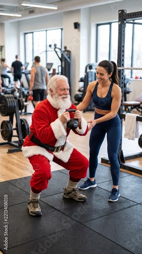 Older man dressed as Santa lifting weights in a gym with trainer  