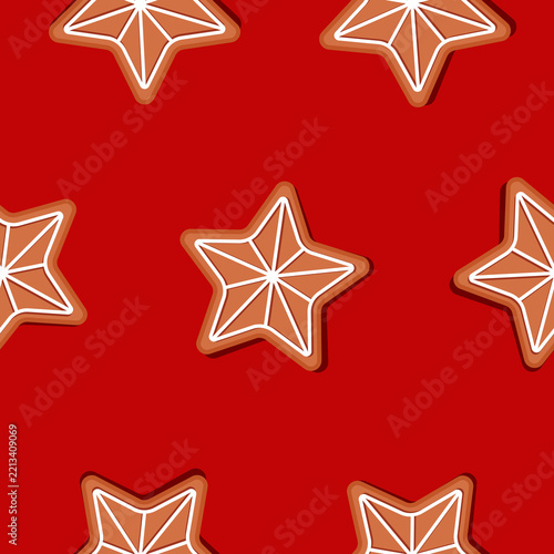 Seamless Christmas Pattern with Decorated Star-Shaped Gingerbread Cookies on Red Background