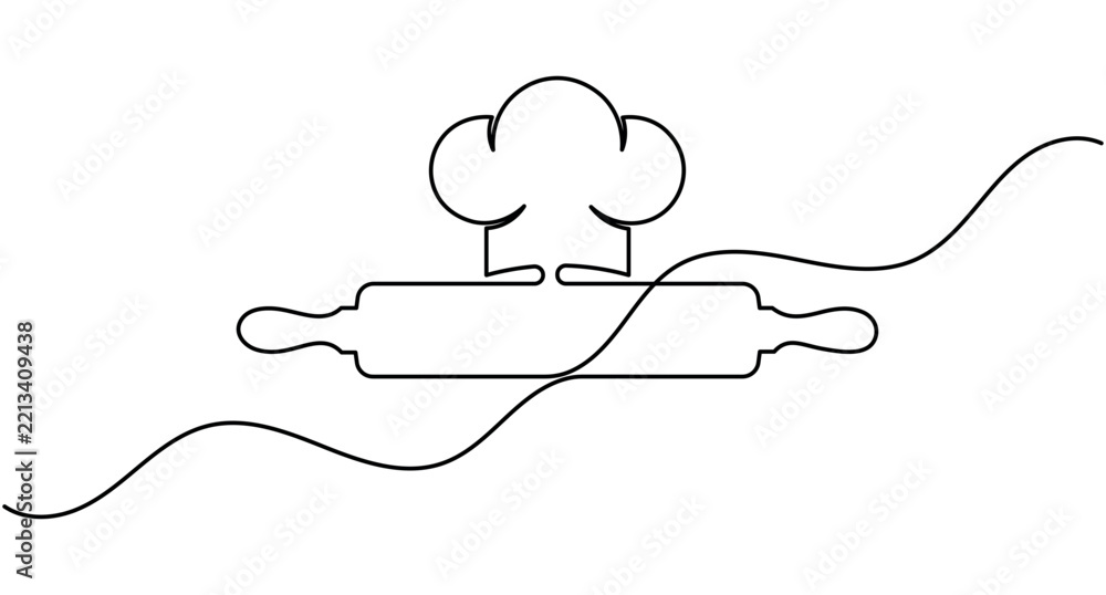Obraz premium Rolling pin with chef hat continuous one line drawing minimalist kitchen baking editable stroke vector illustration