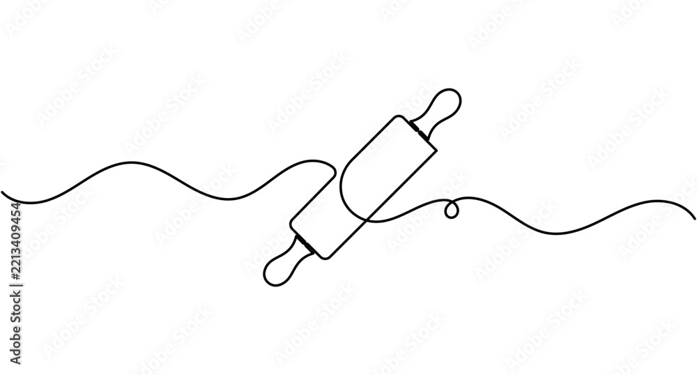 Obraz premium Rolling pin pinboard continuous one line drawing minimalist kitchen baking editable stroke vector illustration