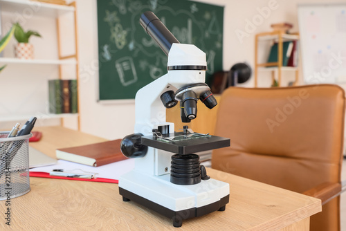 Science education and research, microscope on a desk in a classroom for biolo...