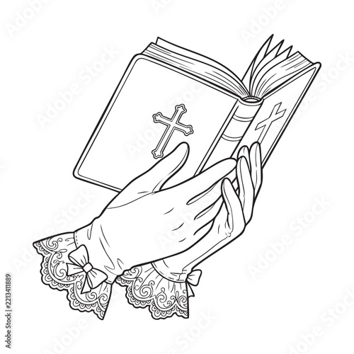 Hands in lace gloves holding an open Bible black and white line art illustration