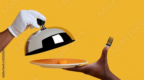 A server reveals a tiny piece of food on a plate with a fork on a fingertip.