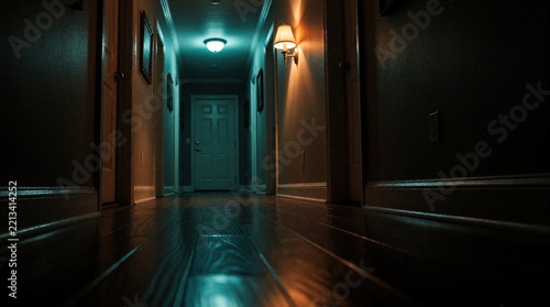 Low angle view of dark residential hallway at night. Dim lights create eerie atmosphere in empty corridor. Mysterious blue, orange glow reflects on wooden floor near closed doors. Suspenseful scene