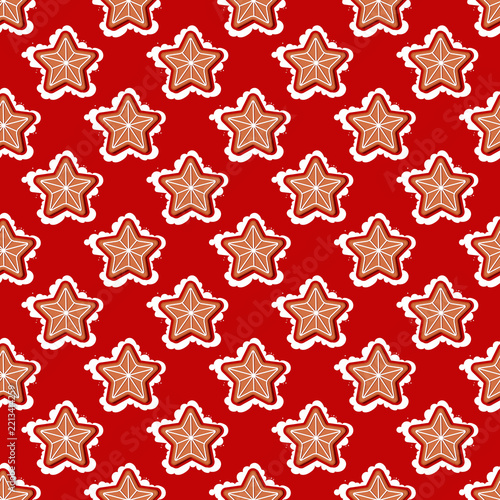 Seamless Christmas Pattern with Decorated Star-Shaped Gingerbread Cookies in Flour on Red Background