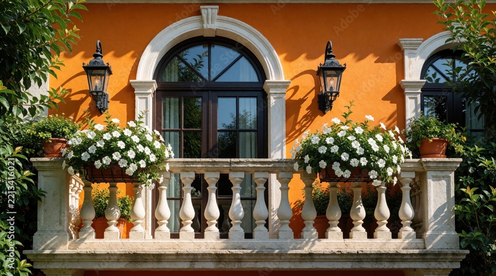 Fototapeta premium Elegant stone balcony with white flowers in pots on bright orange house wall. Classic architecture features arched windows, black lanterns, rich green plants. Beautiful residential exterior design