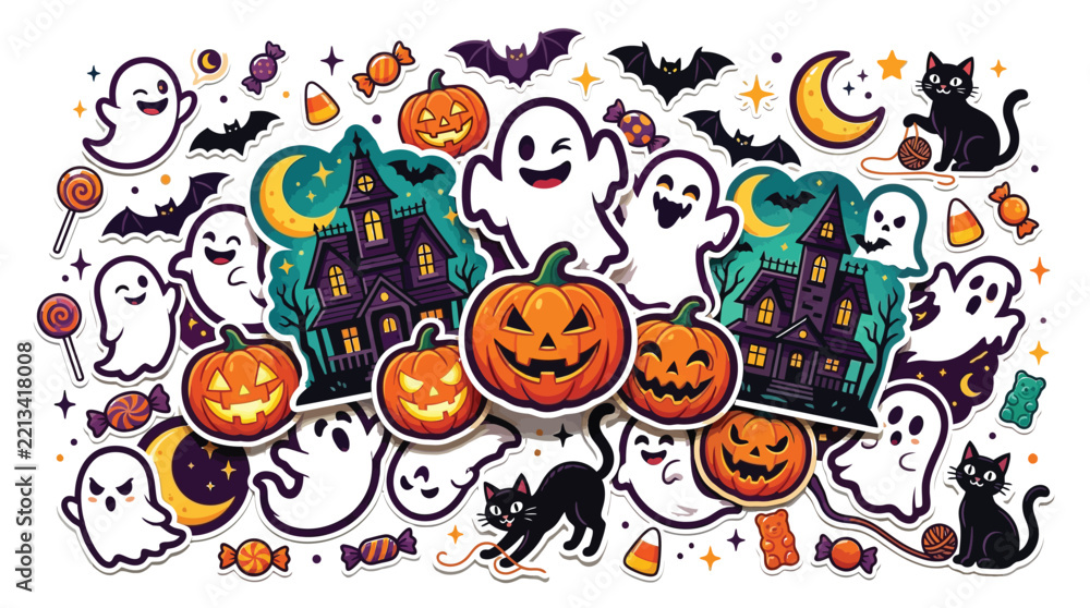 Fototapeta premium Halloween vector sticker collection featuring cute ghosts, spooky haunted houses, and cheerful carved pumpkins