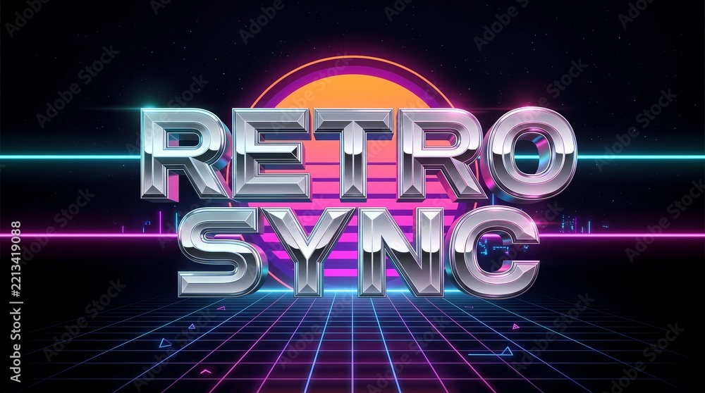 Naklejka premium Futuristic Retro Synthwave Background with Metallic Text and Neon Sunset Grid