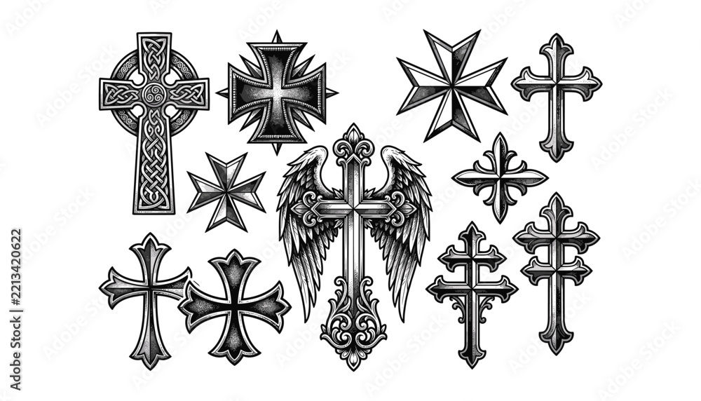 Fototapeta premium Vintage gothic cross set with christian crucifix celtic maltese iron crosses tattoo sketch vector illustration