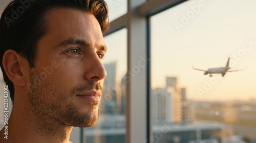 Man Gazing Out Large Window at Airplane Approaching Airport during Sunset