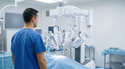 Surgeon Observing Robotic Surgery Machine in Modern Operating Room Setting
