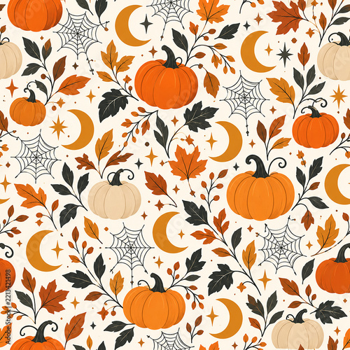 Autumn Halloween Pumpkin and Moon Pattern Illustration: Whimsical Pumpkins, Crescent Moons, Stars, and Fall Foliage in a Seamless Design