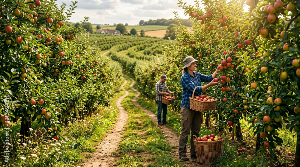 Fototapeta premium Apple Harvest: Farmers Picking Ripe Red Apples in an Orchard