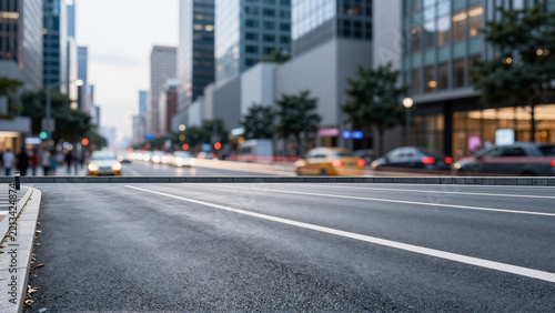 Empty city street asphalt road with blurry downtown traffic background