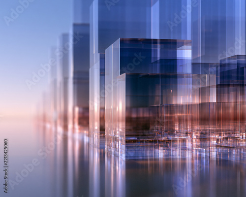 Abstract Digital 3D Render of Frosted Glass Cubes in a Modern Cityscape