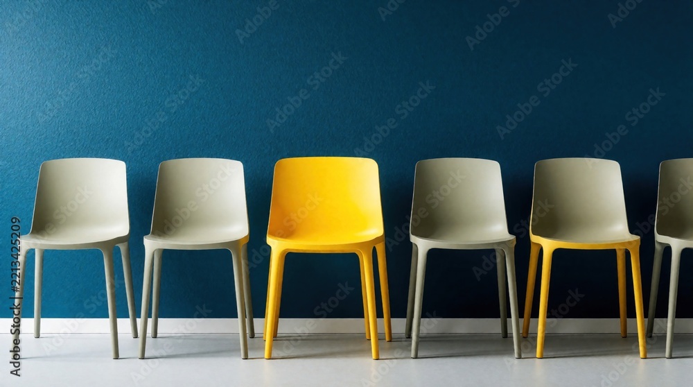 Obraz premium Five minimalist chairs stand in row against blue wall. One bright yellow chair sits among grey ones. Concept for recruitment, leadership, finding unique talent. Symbol for business hiring process,