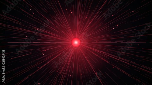 Abstract red light burst with radiating lines and particles on a black background