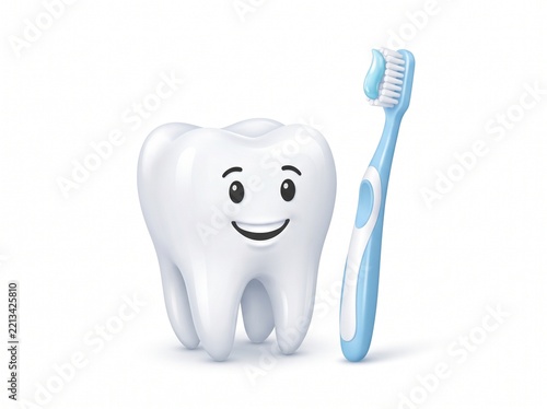 Tooth and toothbrush on white isolated background. 3d