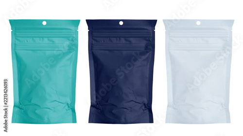 Isolated three stand up pouches in teal, navy blue, and light gray for packaging design