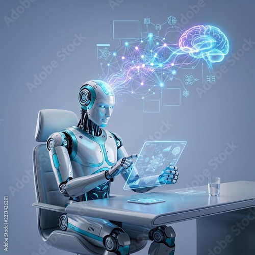 Robot humanoid use mobile phone or tablet in future office while using AI thinking brain , artificial intelligence and machine learning process . 4th fourth industrial revolution 3D illustration.