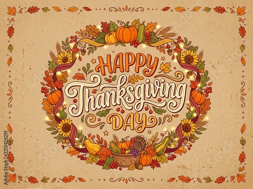 Vector illustration. Happy Thanksgiving Day typography vector design for greeting cards and poster on a textural background design template  celebration.Happy Thanksgiving  inscription, lettering.