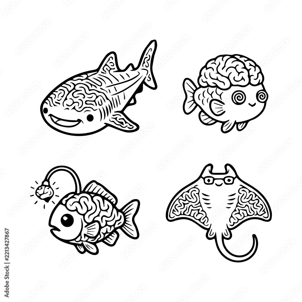 Fototapeta premium Deep Sea Animals Coloring Page Outline Vector Set , Monster doodle
