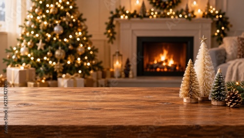 Empty Wooden Table with Christmas Candles and Tree Background