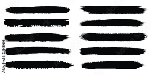 Black brushstroke set. grunge underline and rough divider for text layout. Vector dry paint border pack
