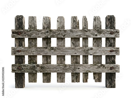 A section of an old, weathered wooden fence with horizontal planks and vertical pickets, isolated on white background