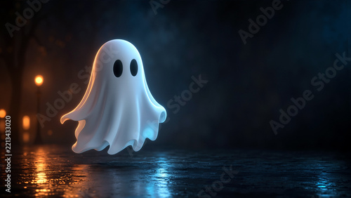 A cute white ghost floating above a wet pavement at night, featuring soft cinematic lighting with orange and blue reflections for a mysterious and spooky Halloween atmosphere.