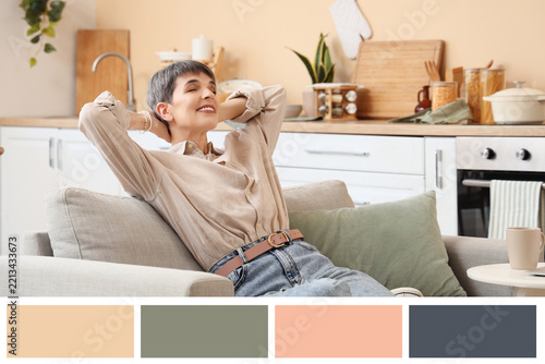 Work-life balance and relaxation, mature woman resting on sofa at home with p...