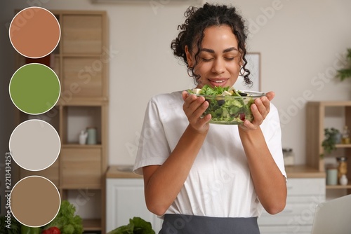 Healthy eating and wellness, woman enjoying fresh salad for nutrition and wei...