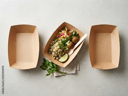 Top view of three paper food trays, one filled with a healthy quinoa salad with falafel, pickles, and a lime wedge, arranged on a light grey surface with a wooden fork and fresh parsley