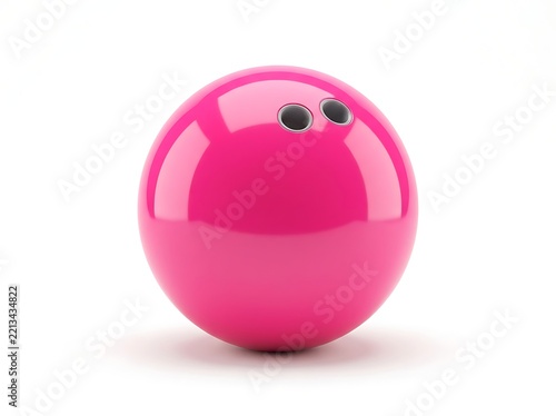 A glossy pink bowling ball with three finger holes, isolated on white background