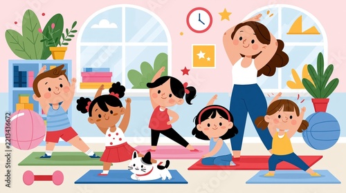 Children and instructor engage in a yoga class in a bright, cheerful room.