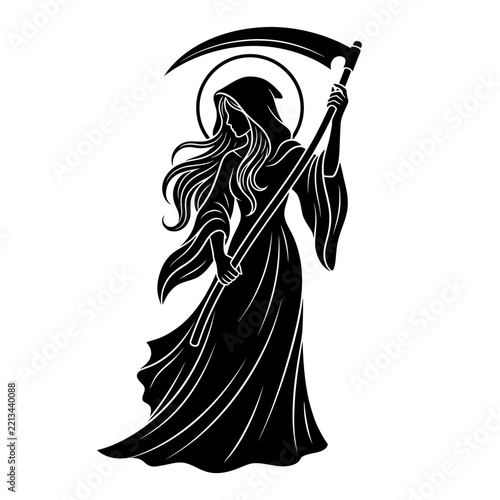 Grim reaper silhouette holding a large scythe in a dark fantasy illustration style.