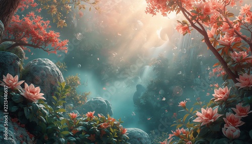 Ethereal forest landscape with glowing pink flowers and soft sunlight filtering through trees