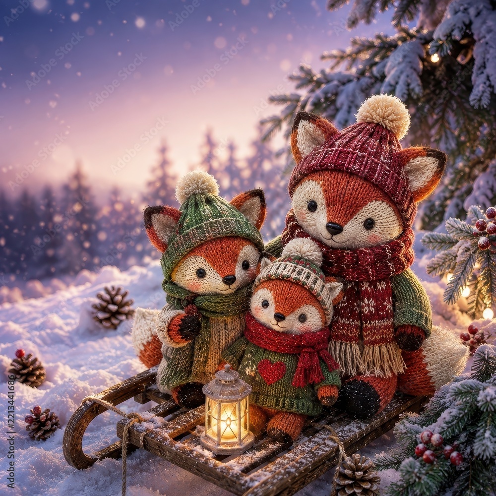 Fototapeta premium Cozy knitted fox family riding sled through snowy winter forest