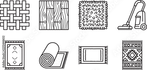 Set of carpet and floor cleaning icons in minimal black and white line art vector style