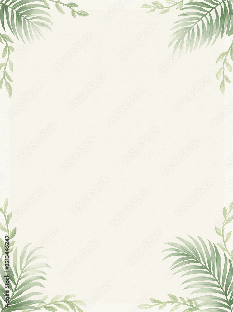 Fototapeta premium Leaf botanical frame border background tropical foliage nature decorative invitation Soft botanical leaf frame border background tropical foliage nature decorative invitation design cream paper