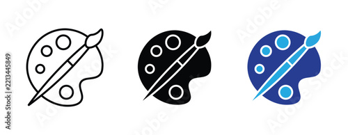 Art paint palette brush icon set. Art Paint Palette with Brush Tool Icon Vector Set. Drawing Board Symbol in Outline Line Art, Solid Glyph, and Blue