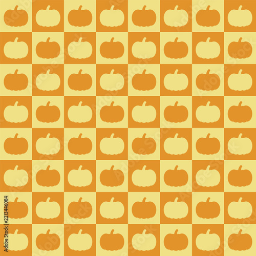 Seamless fall-themed paper pattern with yellow and orange pumpkins on a checkered background