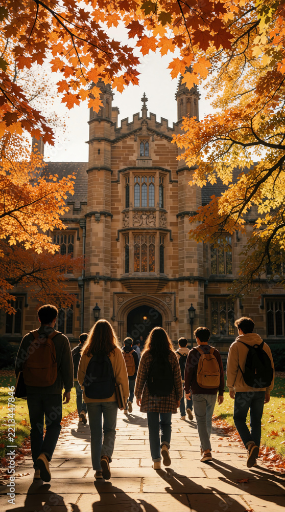 Fototapeta premium Diverse group of university students walk toward old college building on campus. Young people carry backpacks under colorful autumn maple trees. Students enjoy education, friendship during fall
