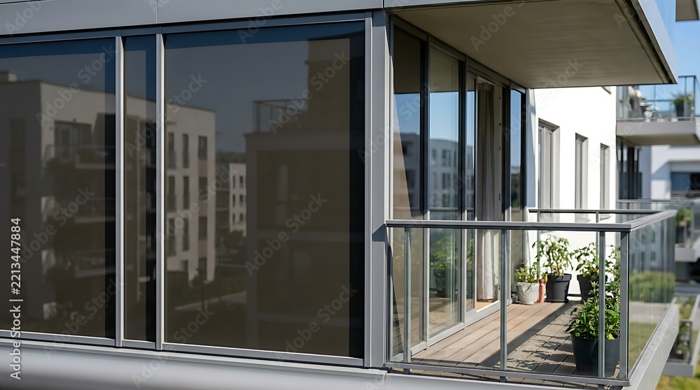 Fototapeta premium Contemporary residential balcony with reflective tinted windows showcasing outdoor patio furniture and small potted plants overlooking urban apartment buildings.