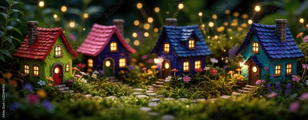 Naklejka premium Miniature fairy village with tiny glowing houses in magical garden. Small colorful homes sit among moss, flowers under night lights. Whimsical fantasy architecture features bright windows, stone