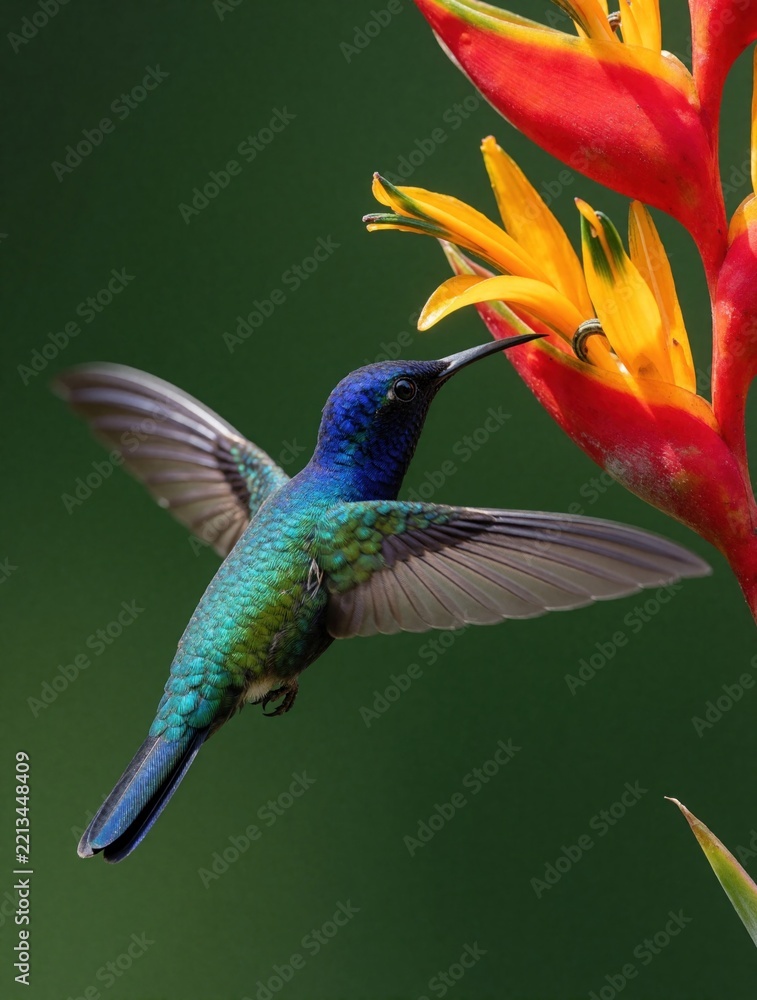 Fototapeta premium Golden tailed sapphire hummingbird flies near bright red, yellow tropical flower. Small iridescent bird collects nectar in nature. Colorful wildlife animal hovers mid air against green background.