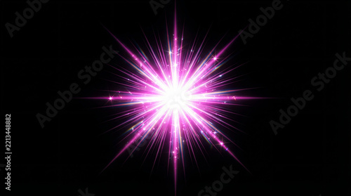 Bright pink starburst flare radiating light and sparkles against black background