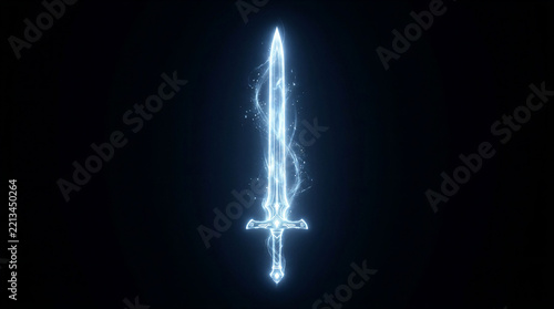 Glowing silver-blue sword with magical energy and particles